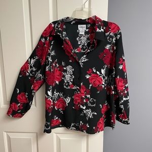 Bon Worth Black Red Rose Blouse, Woman Petite Large